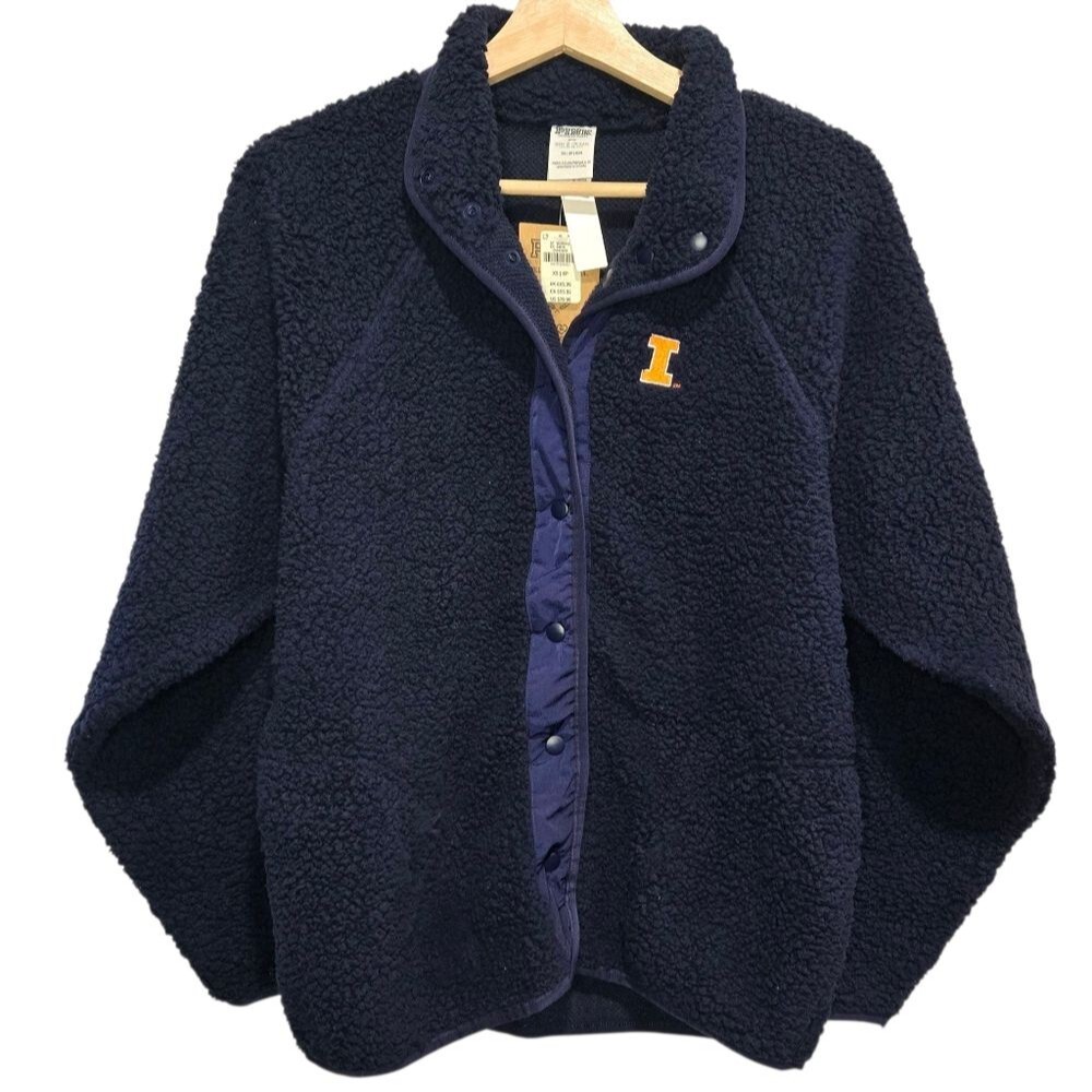 Pink Victorias Secret Navy Sherpa Sweater Jacket with Illinois Logo